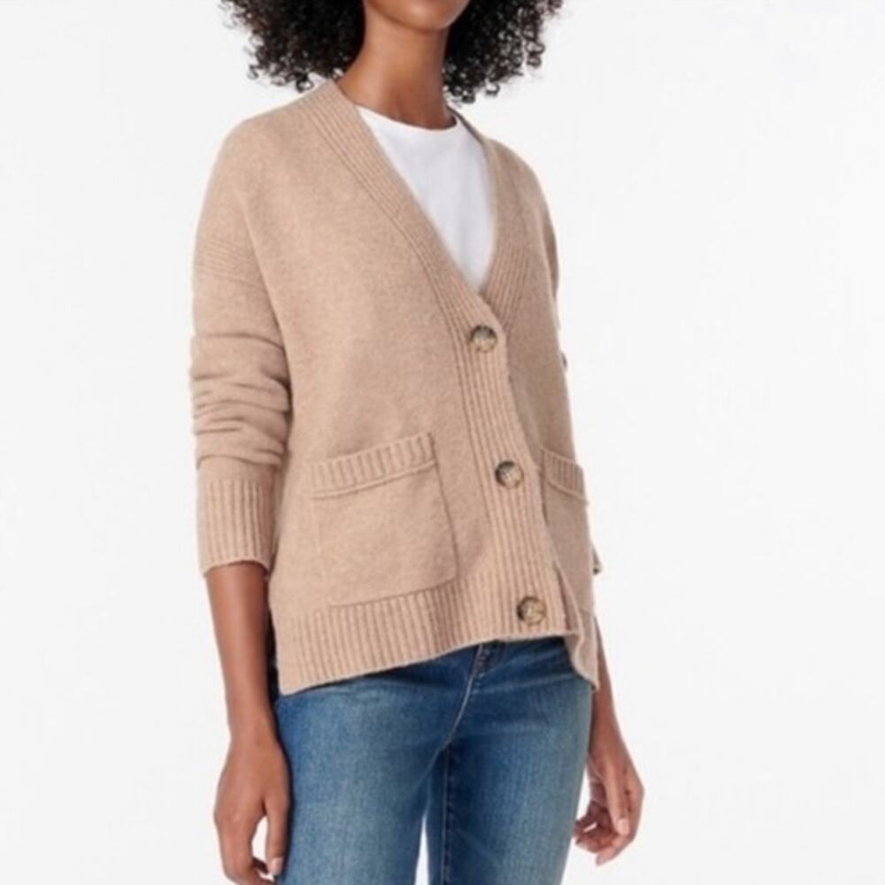 J. Crew Tan Merino Wool Blend Cropped Supersoft Yarn Cardigan Sweater • Size M